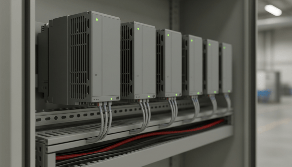 Sürücü haberleşme hatası kontrolü için pano içinde Modbus haberleşme kablolarıyla bağlı motor sürücüleri